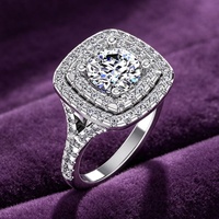 Bague de fiançailles en argent sterling 925 avec moissanite ronde brillante couleur D, double halo, 7,5*7,5 MM, sertie pavé, alliance pour femme