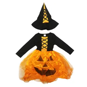 Livraison rapide en stock Halloween enfants fantaisie filles robe Cosplay sorcière Costume avec chapeau Halloween sorcière robe