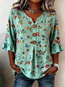 Women's 2025 Spring/Summer Wholesale New European and American Women's V-neck <b>Linen</b> Cotton Button <b>Top</b> - Product Image 4