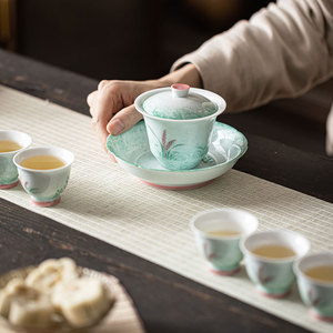 Hand Painted Reed Gaiwan Porcelain With Lid Sprinkled Green Kung Fu <b>Tea</b> <b>Set</b> - Product Image 2
