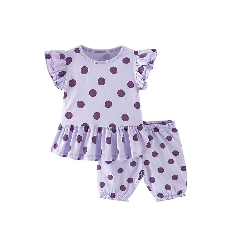 Custom Made Cute Polka Dots Girls Clothing Sets For Skin Care Flying Sleeve Short Sleeve Lace Elastic Shorts Girls Clothing 2024