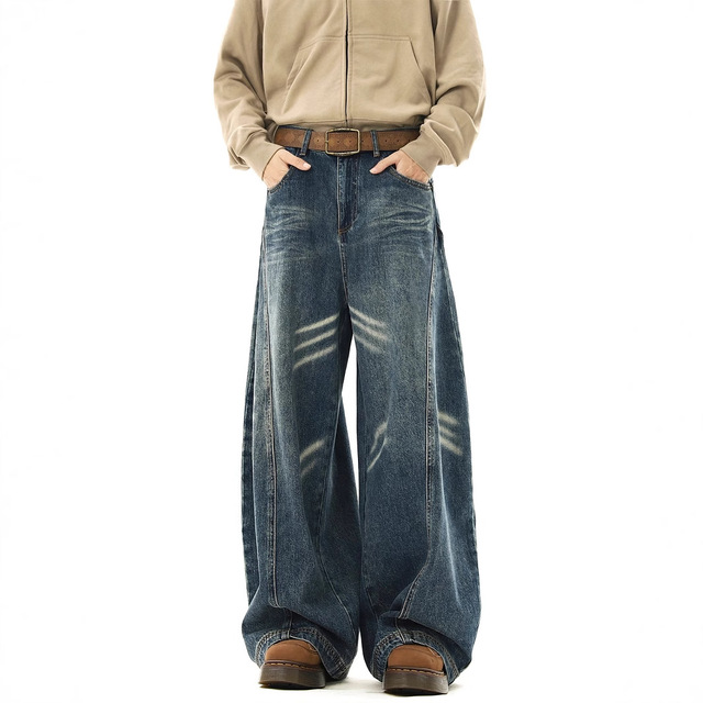 Vintage Whisker-stripe Mid Waist Denim Cowboy Jeans Men High-street Casual Loose Fit Clean Tailored Look