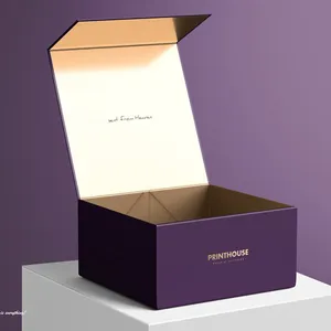 Book Style Box Hard Cardboard Rigid Case Purple Gold Magnetic Closure Box With Flip