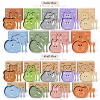 Ensemble de vaisselle pour enfants avec animaux de dessin animé, assiette en silicone, cuillère et fourchette pour bébés et tout-petits
