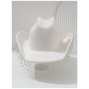 Chapeau de cowboy unisexe pour <span class=keywords><strong>femme</strong></span>, à large bord incurvé, avec garniture en strass et pompon, idéal pour les enterrements de vie de jeune fille - Product Image 3