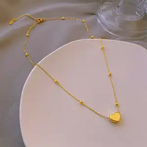 Stainless Steel Women 18k Real Gold Plated Dainty Gold Bead Station Necklace Plain Heart Necklace