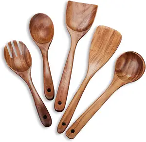 Conjunto de cozinha de 5 unidades de espátula, 100% feita à mão pelo utensílio de madeira acácia natural para cozinhar