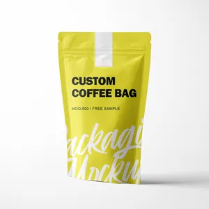 Sac d'emballage de café jaune à haute barrière avec impression numérique personnalisée, pochette en plastique à fermeture éclair