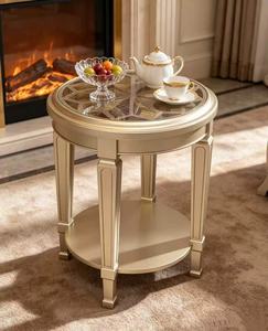Table d'appoint ronde en verre couleur or champagne avec étagère inférieure pour salon - Product Image 5