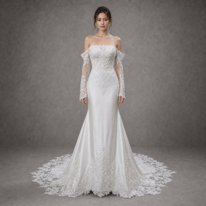 Vestido de Novia Sirena de Manga Larga sin Tirantes, con Espalda Descubierta, Hecho a Mano con Encaje y Tul, con Flores, Tallas Grandes, Sujetador Incorporado - Product Image 1