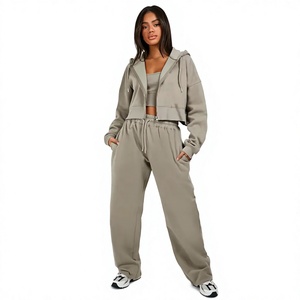<b>Cropped</b> Solid Hoodies Tracksuit 2-Piece Set Breathable Fluffy <b>Zip</b>-<b>Up</b> <b>Hoodie</b> for Women High Quality Sports Polyester Spandex - Product Image 1