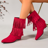Bottines mi-mollet à franges pour femmes, bout pointu, design à deux couches de franges, talon compensé, style western tendance, pour les soirées et le quotidien