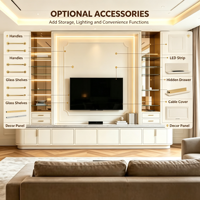 Meuble TV mural moderne sur mesure pour salon, poignées dorées, vitrine en verre miroir, niche rétroéclairée par LED, OEM ODM pour usage hôtelier