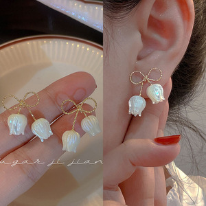 Boucles d'oreilles pendantes de luxe rétro françaises, bijoux de mode brillants, pendentif cœur, fleur, nœud papillon, dorées - Product Image 2