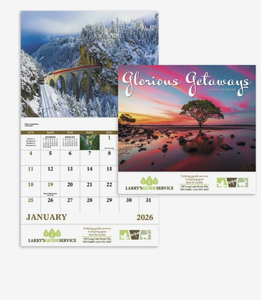 Calendriers 2027 personnalisés avec logo, promotionnels, « Glorious Getaways », agrafés, cadeau, vente en gros, 12 mois, à suspendre, qualité supérieure, excellent - Product Image 1