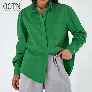 Blusa verde casual feminina de algodão, camisas de algodão sólidas com botões e mangas compridas, top feminino roxo para escritório, primavera verão 2024