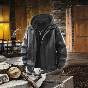 Chaqueta de cuero PU para hombre con capucha y cremallera, ropa exterior para motocicleta, informal, a prueba de viento, para otoño e invierno - Product Image 3