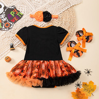 Setelan Pakaian Bayi Perempuan Halloween Katun Grosir, Gaun Romper Motif Labu Tengkorak Kartun dan Bando
