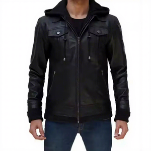 Veste à capuche en cuir véritable noir pour homme, avec cordon de serrage, poches à rabat, fermeture éclair, style motard, en peau de mouton, vêtement d'extérieur personnalisé pour l'hiver - Product Image 1
