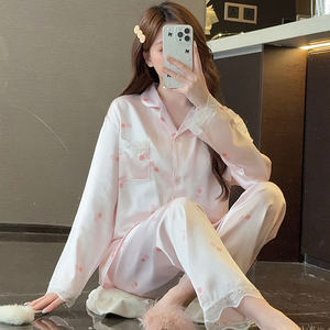 Niedliche Kirsch druck Simulation Seiden pyjamas Frauen Frühling New Lace Advanced Sense of Home Kleidung Real Shot - Product Image 4