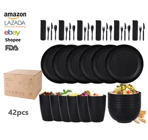 Amazona 42 pz set di stoviglie in fibra di bambù nero per uso alimentare Eco Friendly riutilizzabili BPA gratis paglia di grano ciotole tazze Cutler