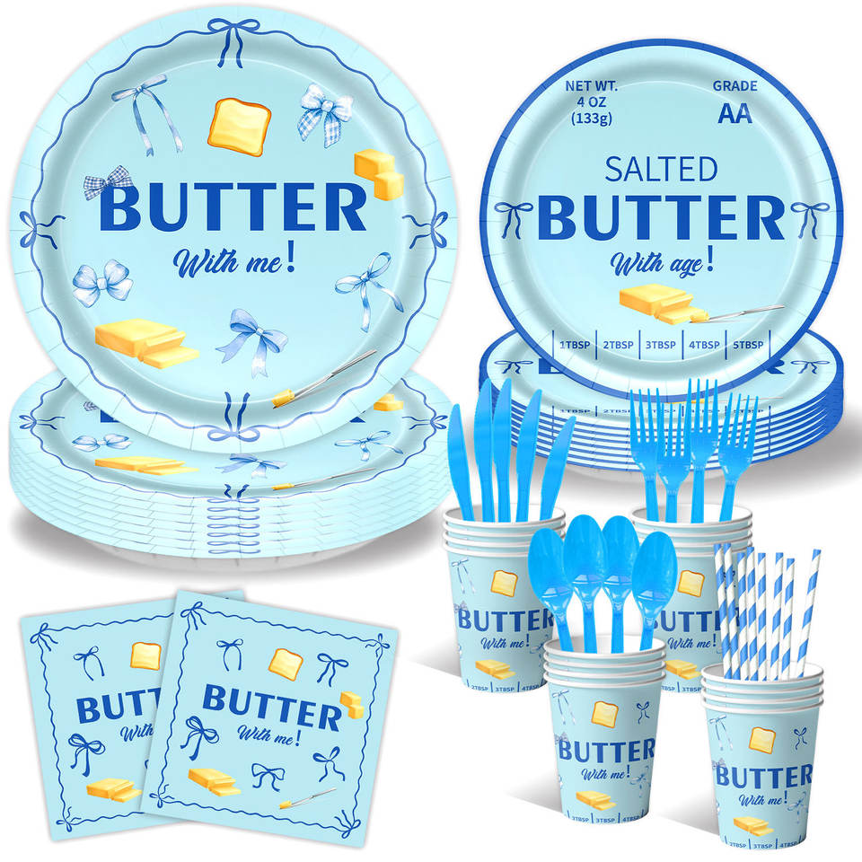 Gradution Banner Sample Blue Butter Theme Disposable Party Tableware Set Cute Butter Print ...