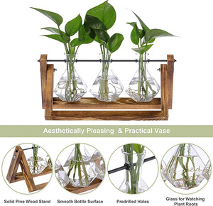 Wholesale Glass Bulb Vase Solid Wooden <b>Stand</b> Metal Swivel Holder for Hydroponics Plants Desktop Home Garden - Product Image 5