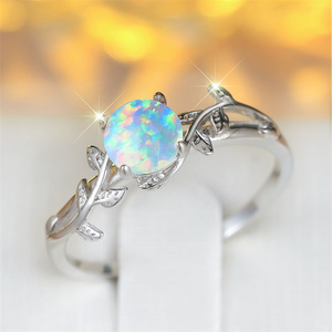White Opal Round Round Stone <strong>Ring</strong> 925 Sterling <strong>Silver</strong> Leaf <strong>Rings</strong> for Women Vintage Wedding <strong>Band</strong> Bridal Engagement Jewelry Gifts - Product Image 5