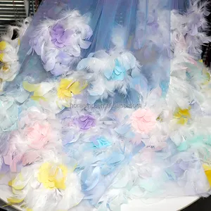 Fashion Evening Lace Fabric Embroidery Tulle Tie Dyeing Flower Wedding Dress Fabric