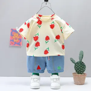 2023 Sommer neue Kollektion Baby Mädchen Kinder Kleid T-Shirt Jeans Kinder bekleidungs fabrik Sun Flower Set für 1-5 Jahre