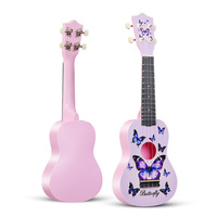 Ukulele 21-inci Desain Kupu-kupu & Bunga dengan Finishing Cat Bergradasi Warna, Gitar Mini yang Dapat Dimainkan, Grosir
