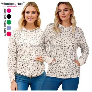 Sudaderas con capucha de primavera y otoño al por mayor, jersey con abertura en el puño estampado leopardo canguro bolsillo manga larga con cordón para mujer