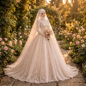 Vestido de Novia Clásico con Apliques de Encaje Floral, Cintura Natural, Largo hasta el Suelo, Mangas Largas, Silueta en A y Cola Larga - Product Image 3