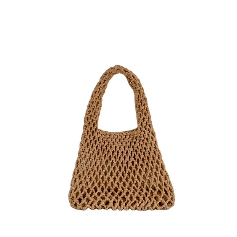 2023 New solid color cotton rope hollowed out net pocket small beach bag fashion holiday portable tote bags for women beach