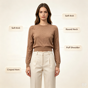 Pull-over décontracté beige en maille fine de haute qualité Janis Undefined, personnalisable, à manches longues, OEM & ODM, pour l'automne - Product Image 2
