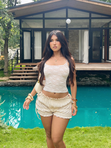 Women's Cream Smocked Tie Side Shorts, <b>Elastic</b> High Waist Ruffle Hem Casual Shorts for Summer Beach Vacation - Product Image 3