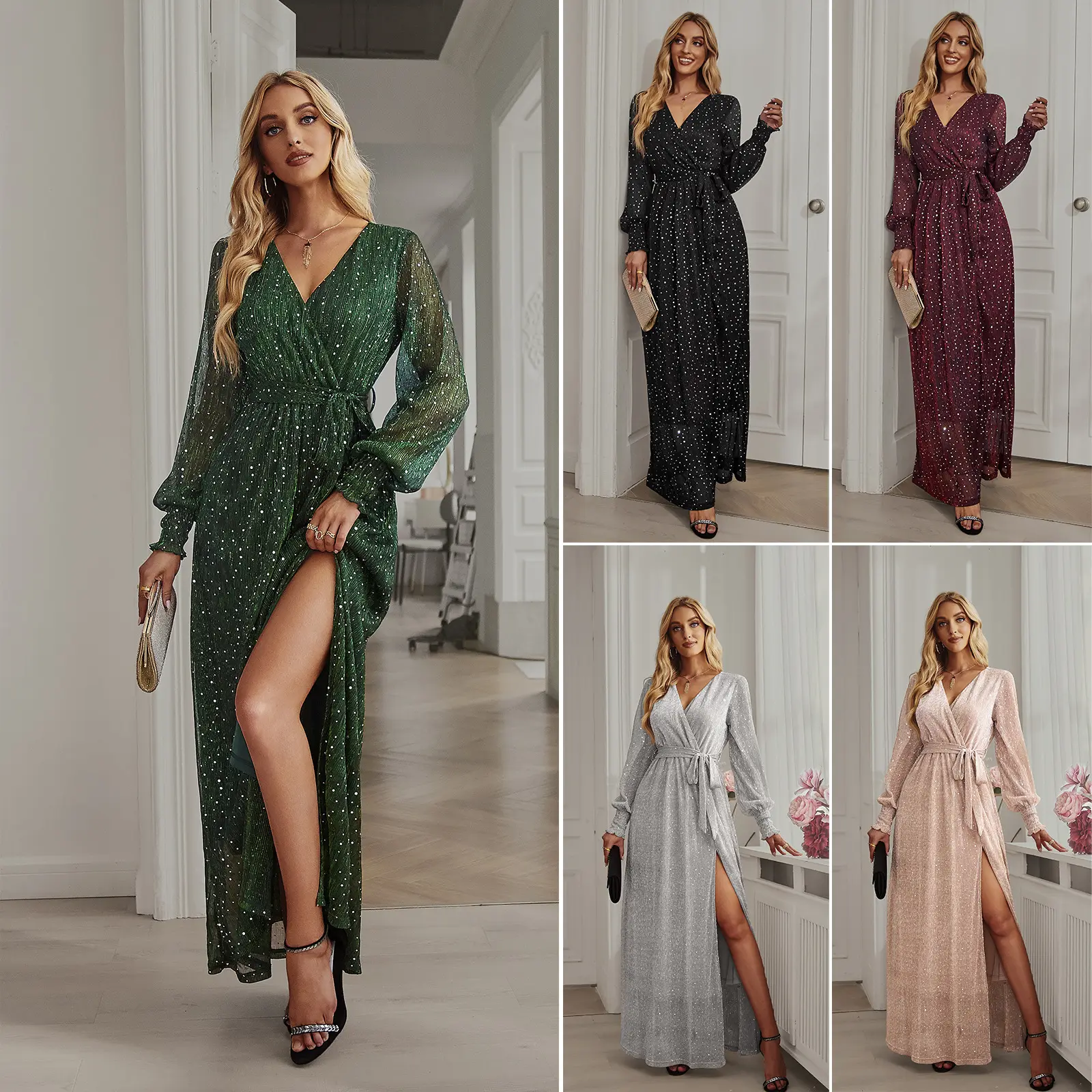 यंगटांग 2023 नए उत्पाद सुरुचिपूर्ण पफ आस्तीन हीरे की लंबी महिला रात्रिभोज के कपड़े