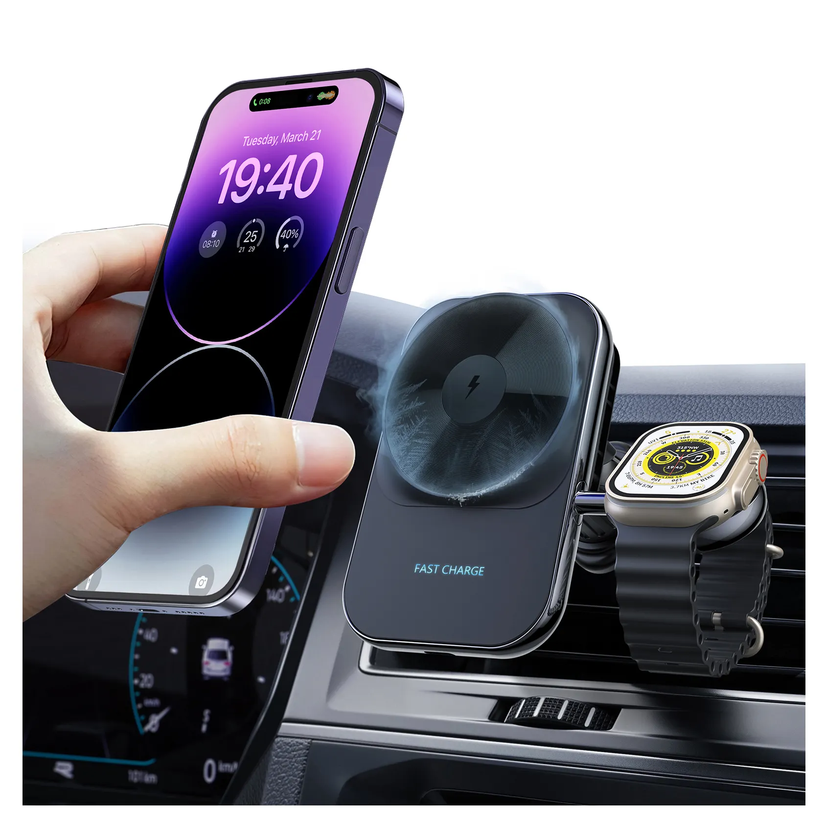 Soporte magnético para teléfono, refrigeración de semiconductores, cargador inalámbrico para coche, Cargador rápido inalámbrico de 15W para coche 2 en 1 para iPhone iWatch