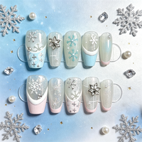 Ensemble de 10 faux ongles personnalisés de luxe à motif flocon de neige diamanté, taille moyenne, forme cercueil, dégradé, pour Noël