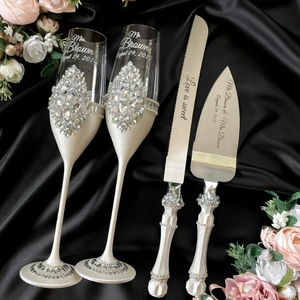 Ensemble de verres à vin en cristal personnalisables ODM/OEM, créatifs pour mariage, avec flûtes à <span class=keywords><strong>champagne</strong></span> et couteau à gâteau/spatule pour occasions spéciales - Product Image 3