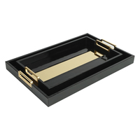 Lot de 2 plateaux de service rectangulaires modernes en cuir PU noir avec poignée en métal, plateaux de rangement décoratifs pour accessoires