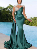 Nouveau été sirène robe de soirée soirée lourde dentelle Satin Scoop col taille naturelle parole longueur impression numérique antistatique
