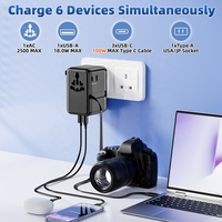 Tous les ports Charge rapide PD GaN 100W Global Universal Wall Socket International Travel Plug Adapter Charger 2AC Output with Cable