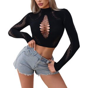 Elegant Long Sleeve Hollow Out Mesh Crop <b>Top</b> For Women Stretchy <b>Mock</b> <b>Neck</b> Breathable Fashion <b>Top</b> With Ripped Design - Product Image 2