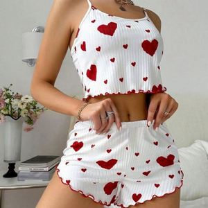 I-0481 Nuevo Conjunto de Pijama Corto de Verano para Mujer, con Estampado de Corazones Tejidos, Cintura Elástica, Suave y Transpirable - Product Image 3
