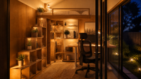 Bureau de jardin préfabriqué moderne de 10 m² en panneaux SIP, atelier de jardin à un étage avec mur vitré haut et aménagement intérieur personnalisé