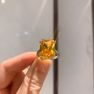 Fashion Jewelry Eco-friendly Copper 12*16mm Cubic Zirconia Imitation Yellow Topaz <b>Adjustable</b> Open Band <b>Ring</b> for Women - Product Image 5