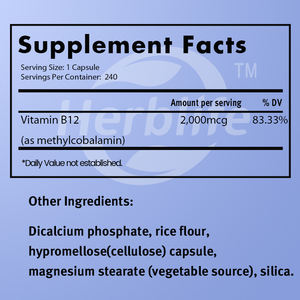 Vente chaude OEM - Personnalisable - Vitamine B12 (méthylcobalamine) 2000 mcg, 240 capsules - Capsules végétariennes, non-OGM, sans gluten - Product Image 3