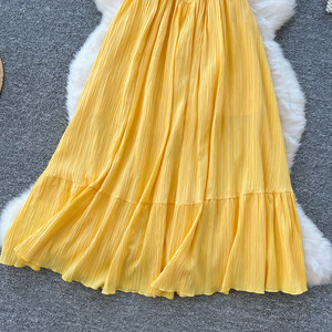 ชุดเดรสสีเหลืองสำหรับผู้หญิงแบบเปิดไหล่เอวสูงความยาวปานกลางแบบหรูหรา - Product Image 3