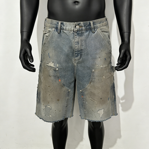 Shorts en jean vintage 100 % coton, peints à la main, effet vieilli, délavage léger, fermeture éclair en cristal, style streetwear - Product Image 1